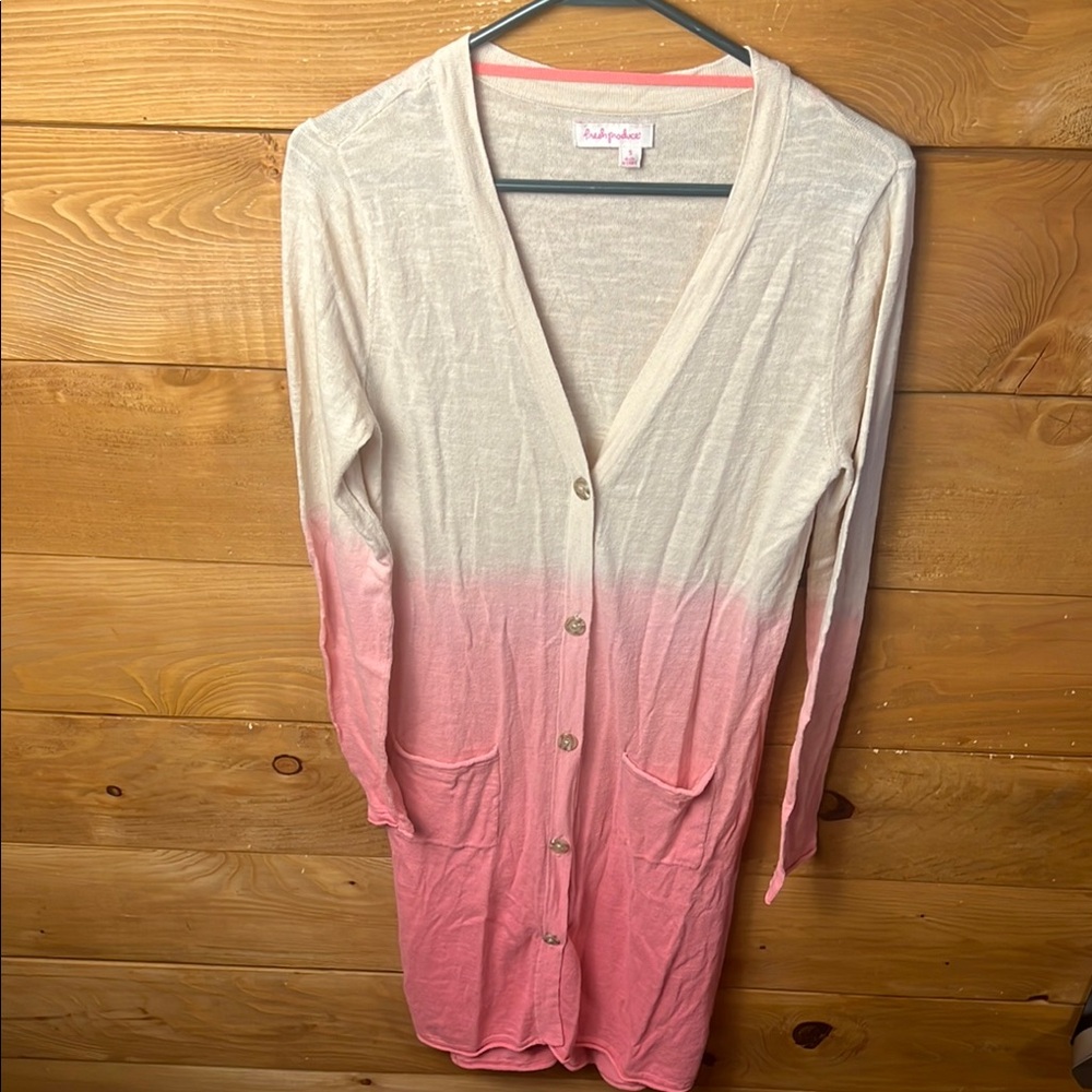 Fresh Produce Women S Pink Cream Knit sweater button up Pockets Long Linen Blend